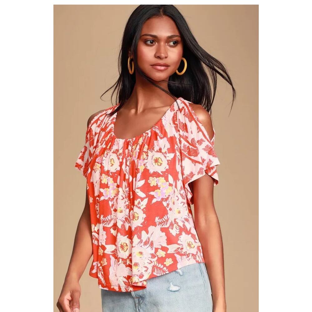 Anthropologie Free People Floral Cold Shoulder Flowy‎ Boho Open Back Tie top Lrg